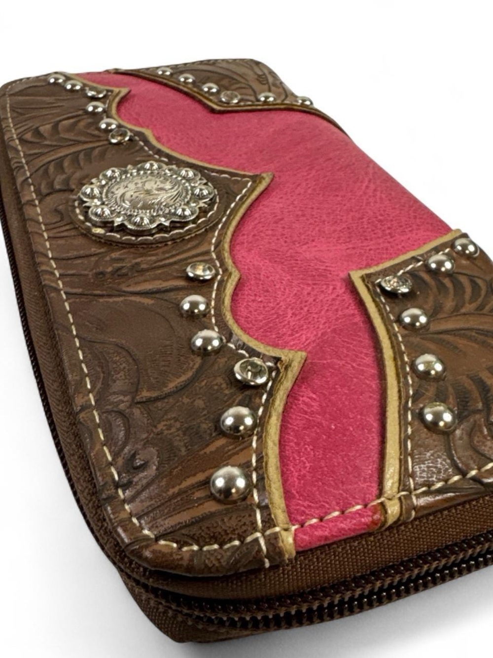 Source Unknown Pink & Brown Studded Zip Wallet with Concho Accent